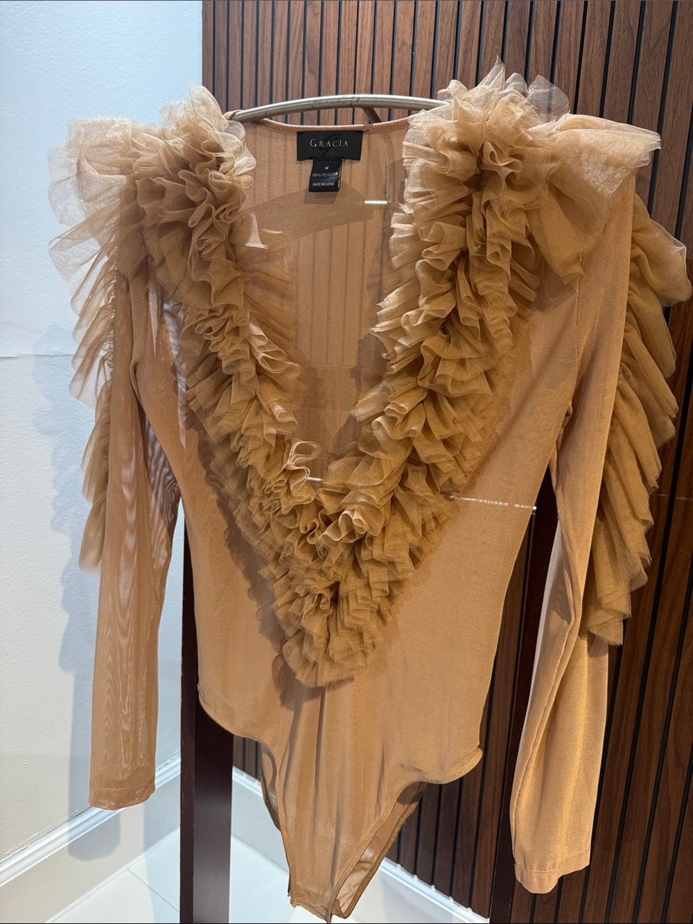 Gracia Tan Ruffle Deep V-Neck Long Sleeve Bodysuit - Picture 2 of 9
